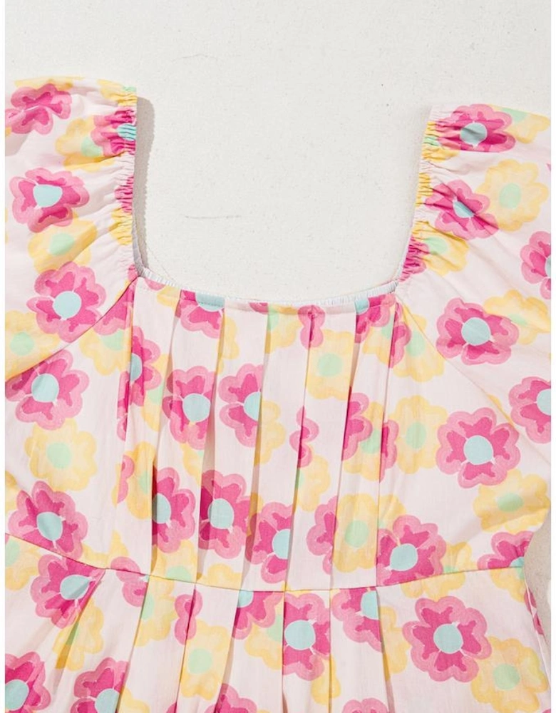 Rose Vibrant Floral Square Neck Puff Sleeve Pleated Flared Midi Dress