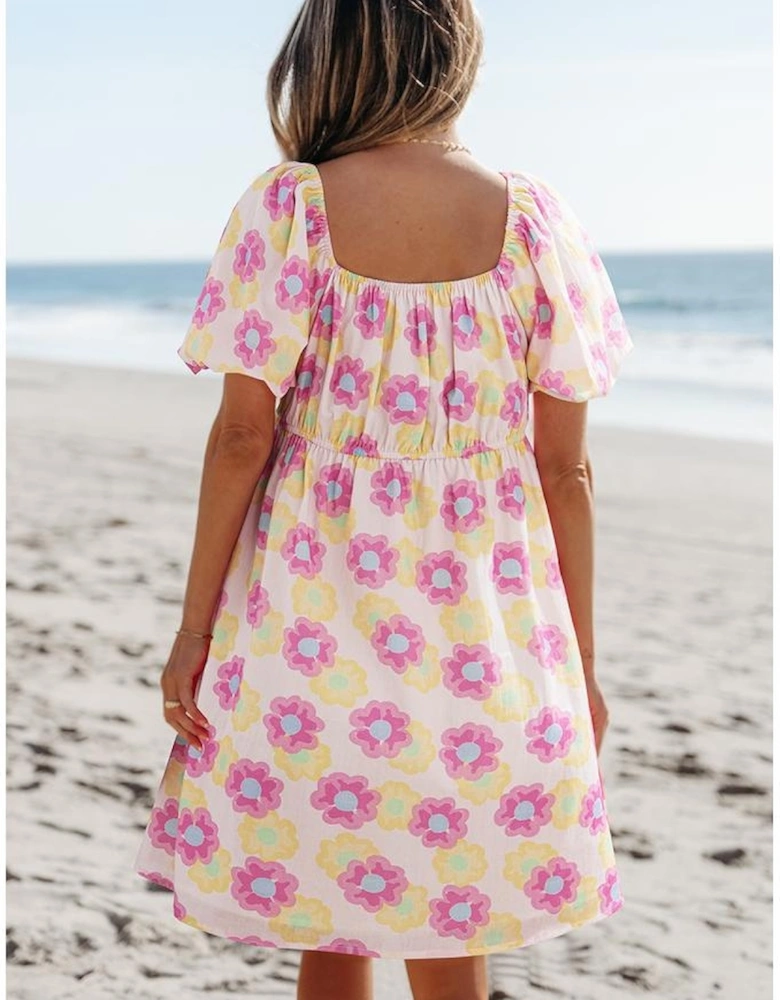 Rose Vibrant Floral Square Neck Puff Sleeve Pleated Flared Midi Dress