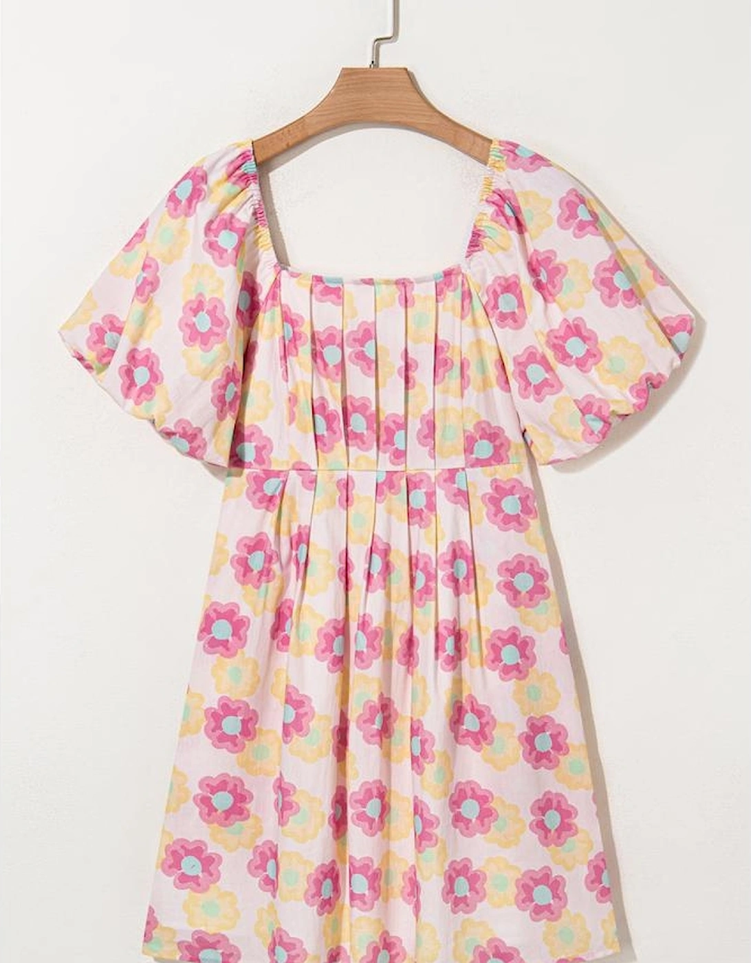 Rose Vibrant Floral Square Neck Puff Sleeve Pleated Flared Midi Dress