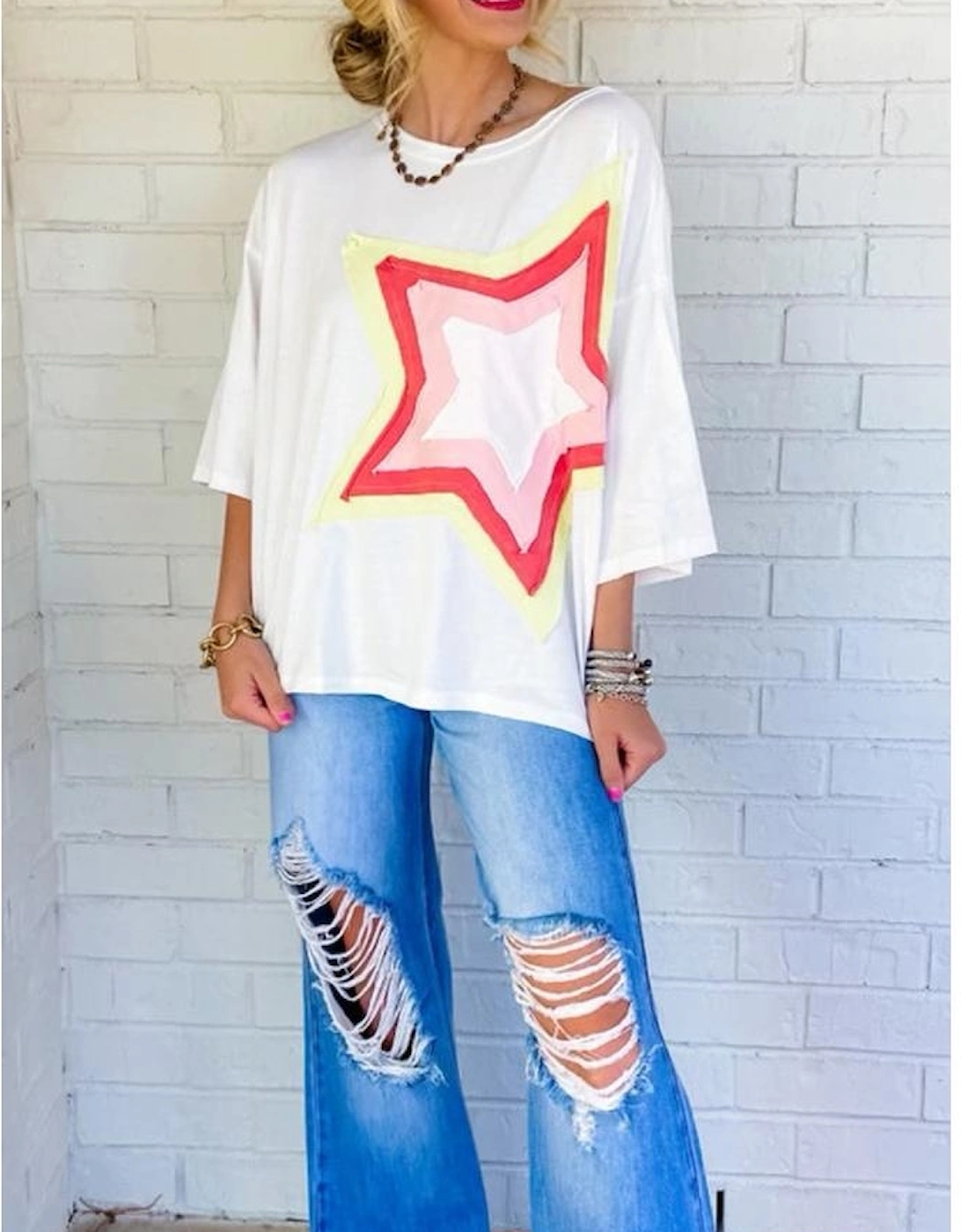 White Colorblock Star Patched Half Sleeve Oversized Tee