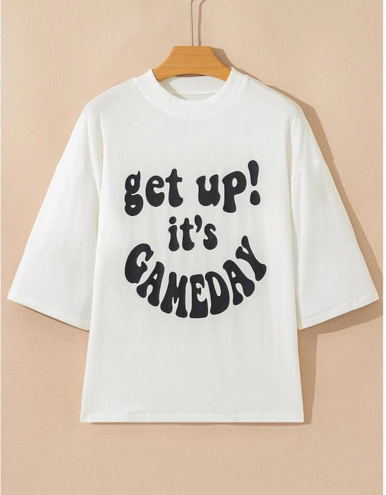 Beige GAME DAY Slogan Printed Half Sleeve Oversize T Shirt