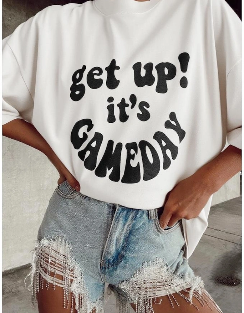 Beige GAME DAY Slogan Printed Half Sleeve Oversize T Shirt