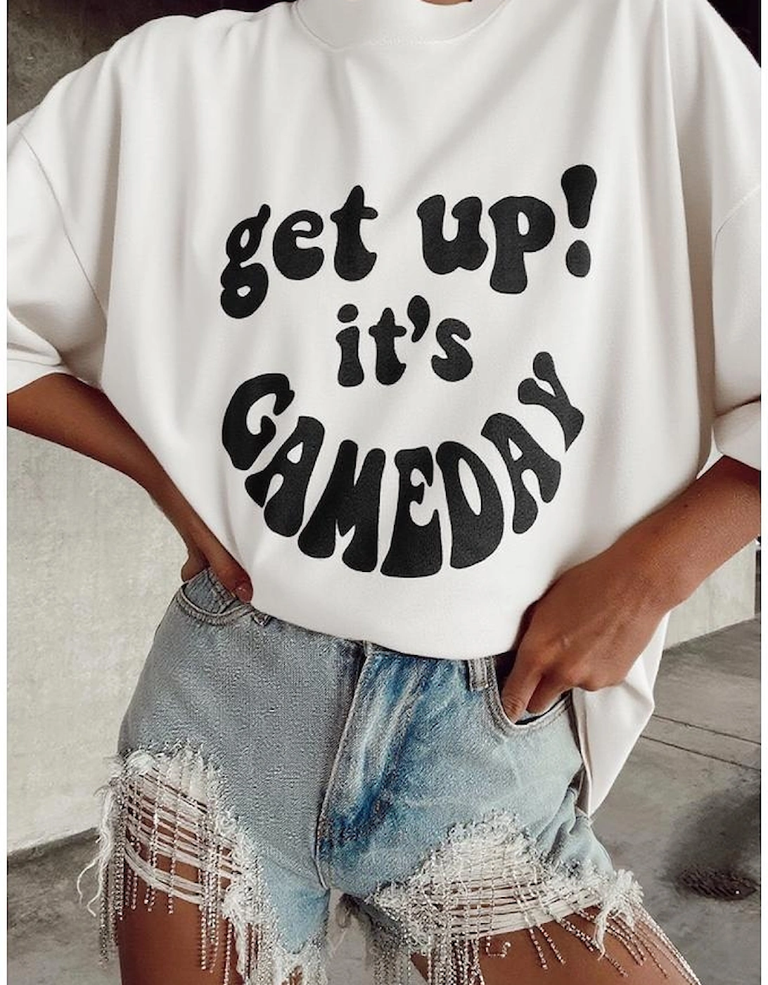 Beige GAME DAY Slogan Printed Half Sleeve Oversize T Shirt