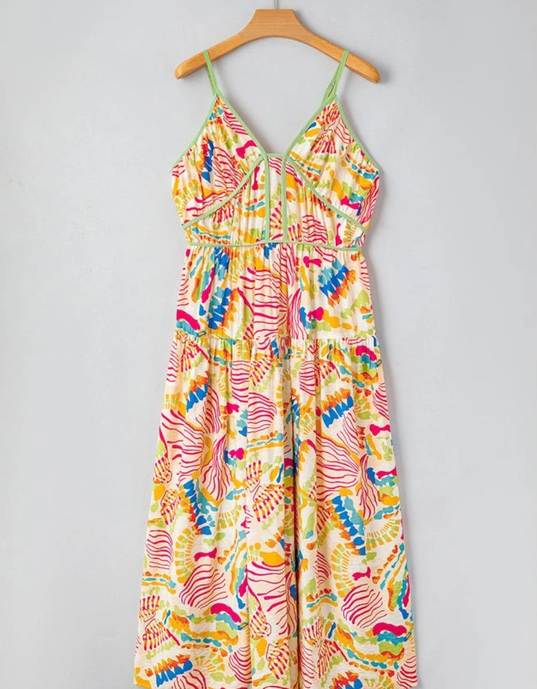 Orange Abstract Print Spaghetti Strap Piping Detail Maxi Dres