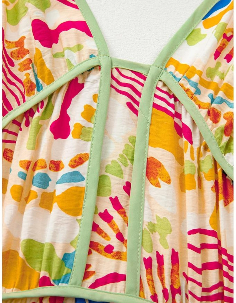 Orange Abstract Print Spaghetti Strap Piping Detail Maxi Dres