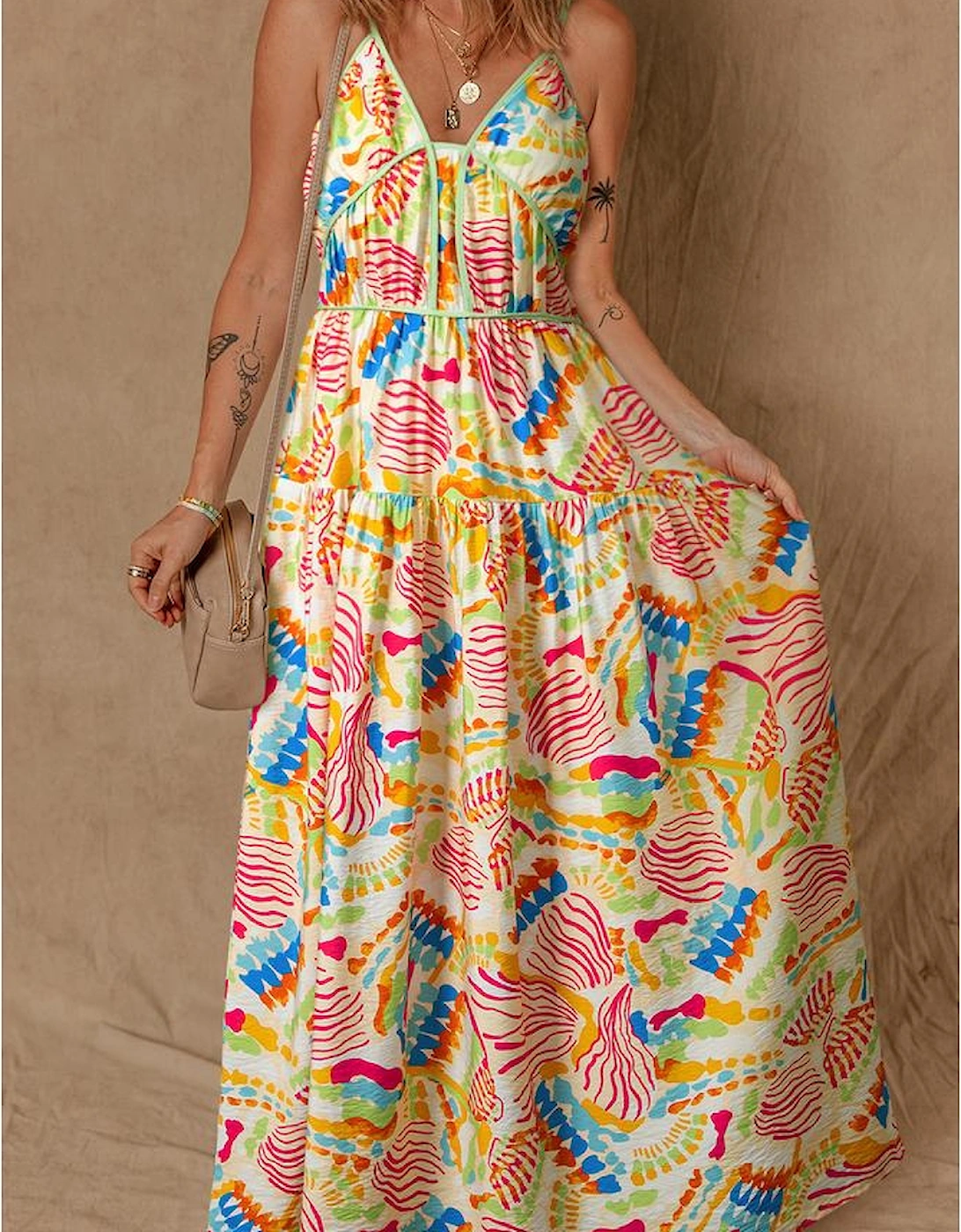 Orange Abstract Print Spaghetti Strap Piping Detail Maxi Dres