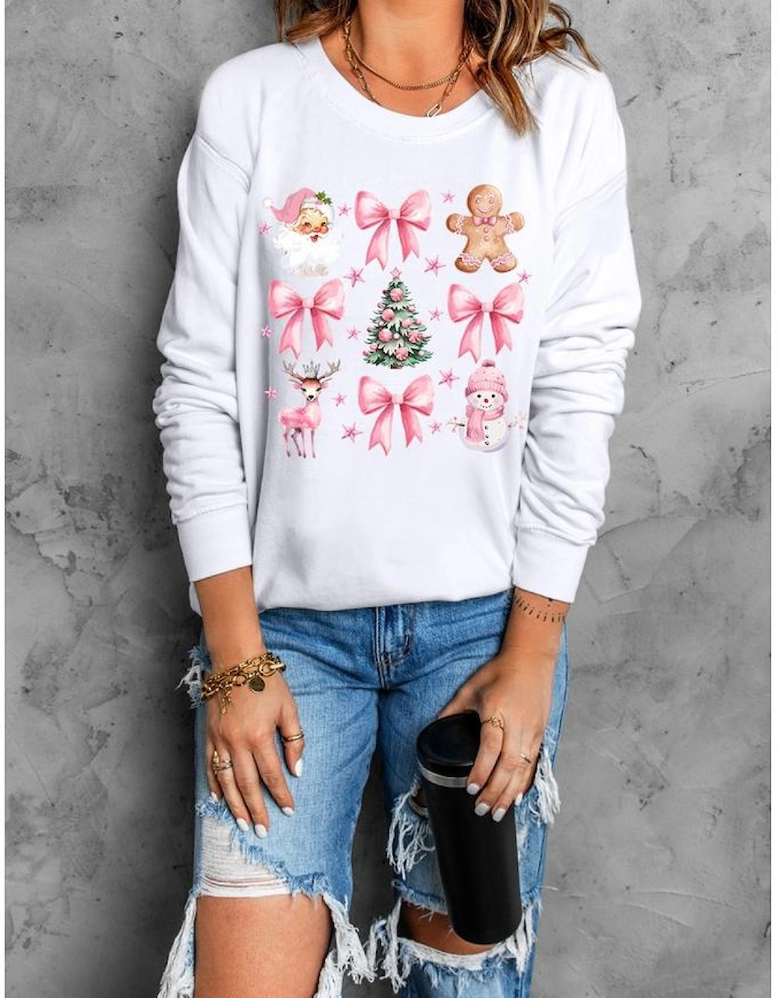 Beige Christmas Theme Pattern Pullover Sweatshirt