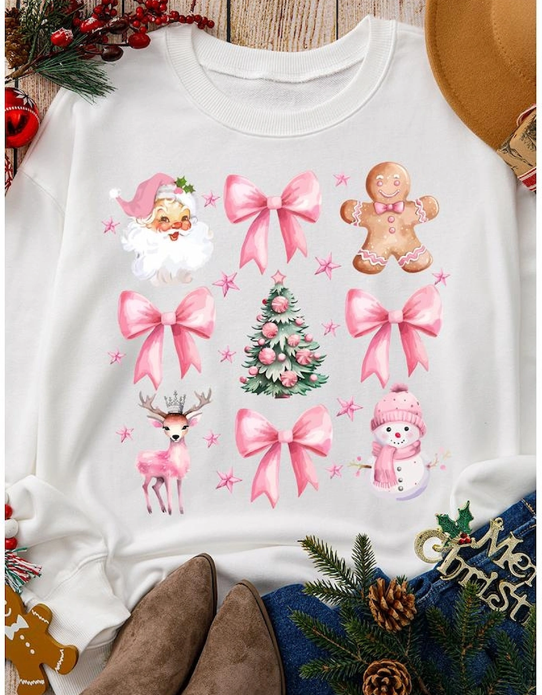 Beige Christmas Theme Pattern Pullover Sweatshirt, 7 of 6