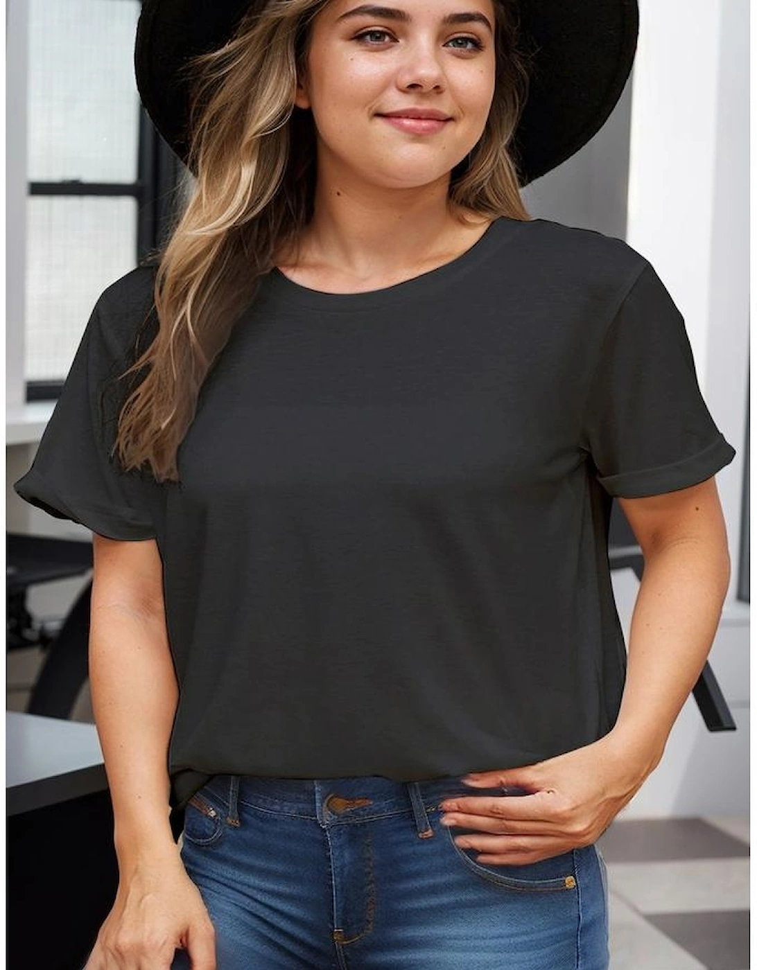 Black Round Neck Rolled Sleeve Plus Size T-shirt, 4 of 3