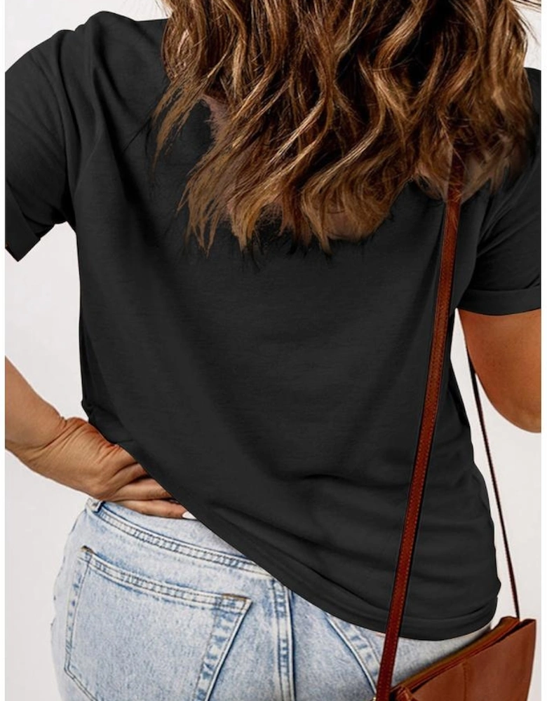 Black Round Neck Rolled Sleeve Plus Size T-shirt
