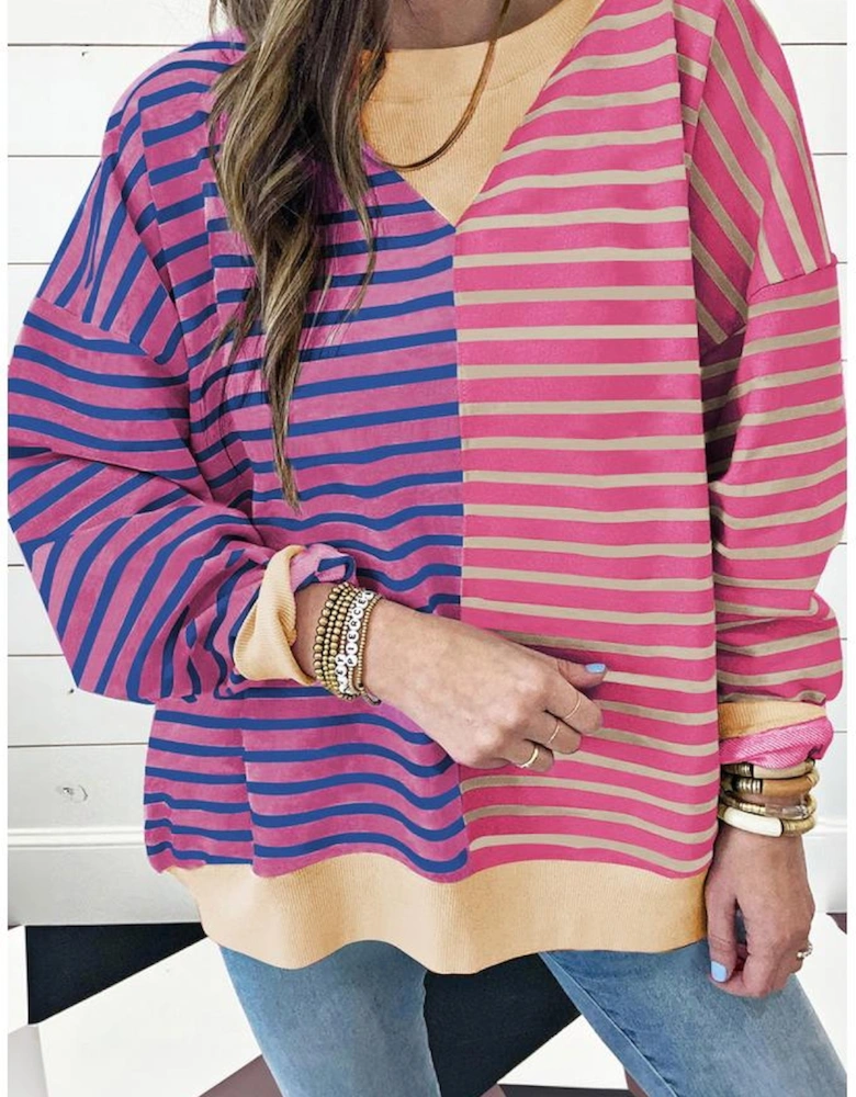 Pink Stripe Casual Stripe Colorblock Drop Shoulder Oversize Sweatshirt