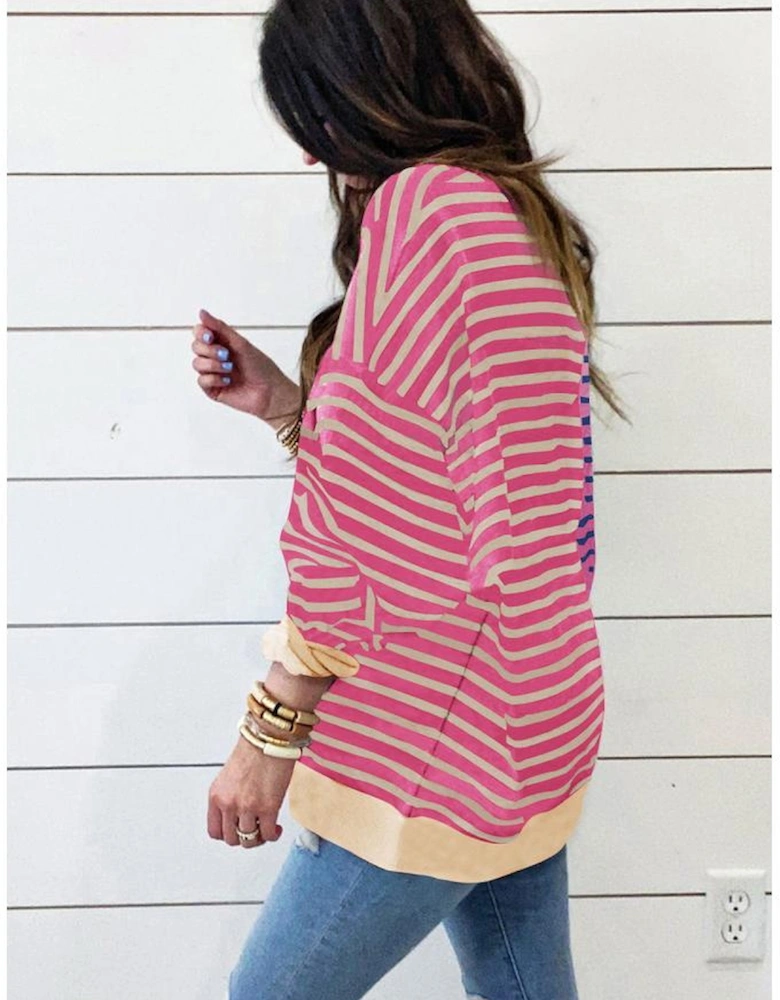 Pink Stripe Casual Stripe Colorblock Drop Shoulder Oversize Sweatshirt