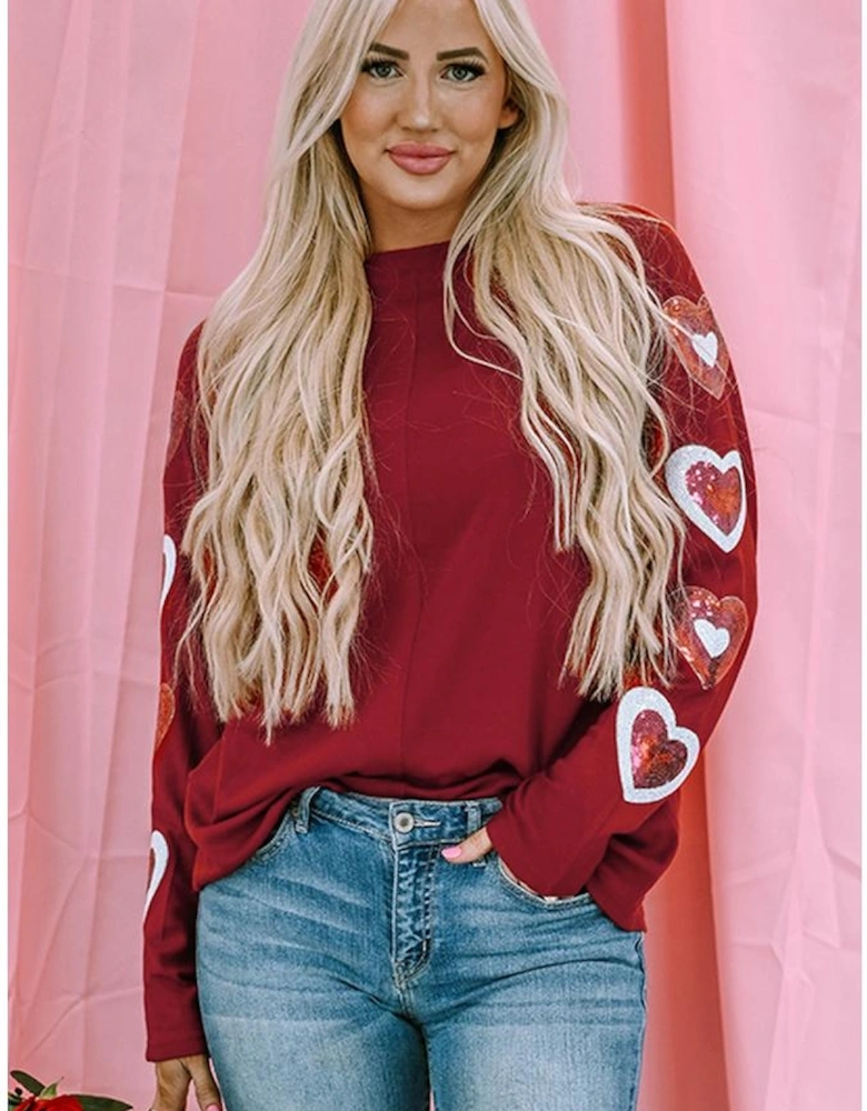 Red Sequined Heart Printed Sleeves Valentine Fashion Top