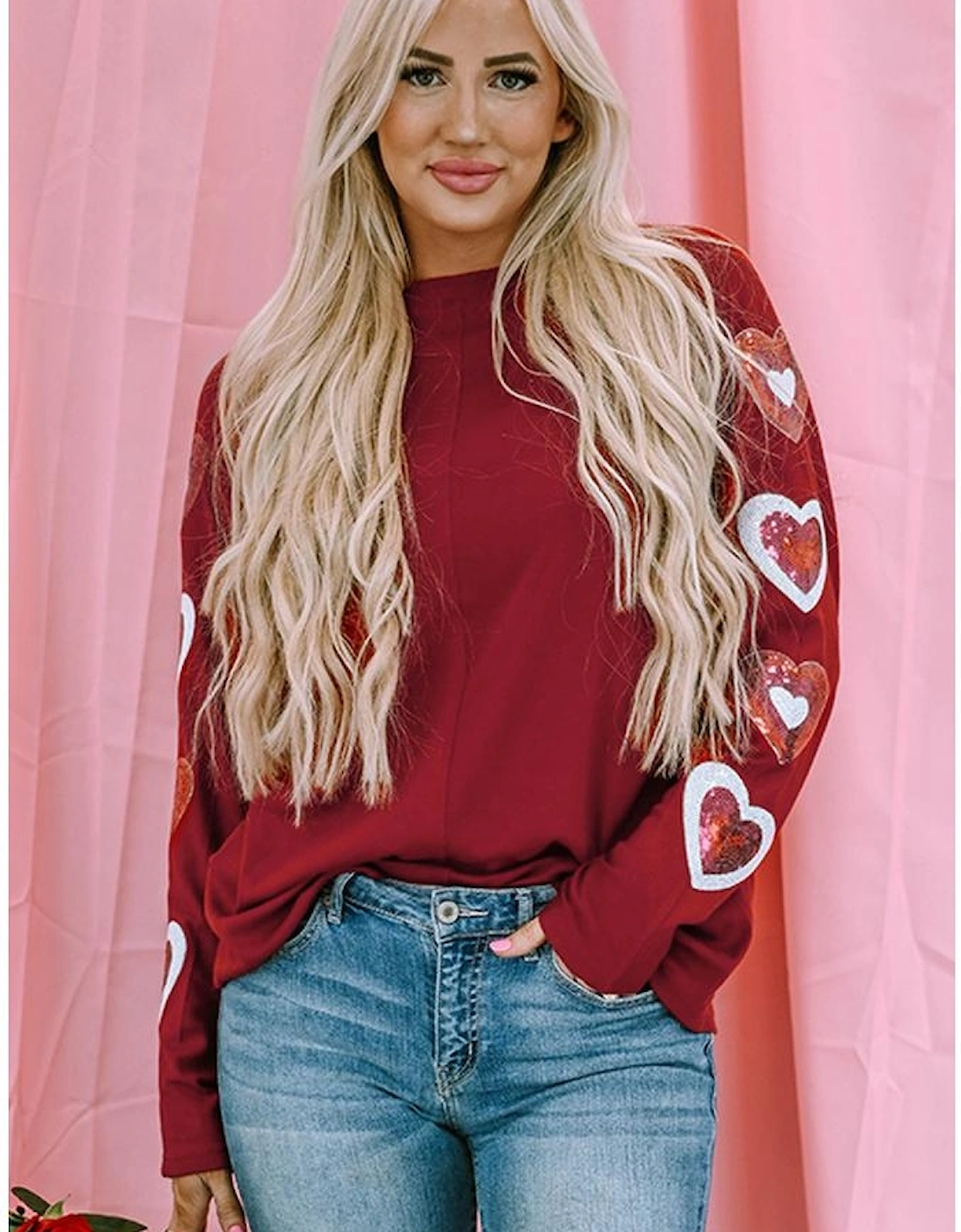 Red Sequined Heart Printed Sleeves Valentine Fashion Top