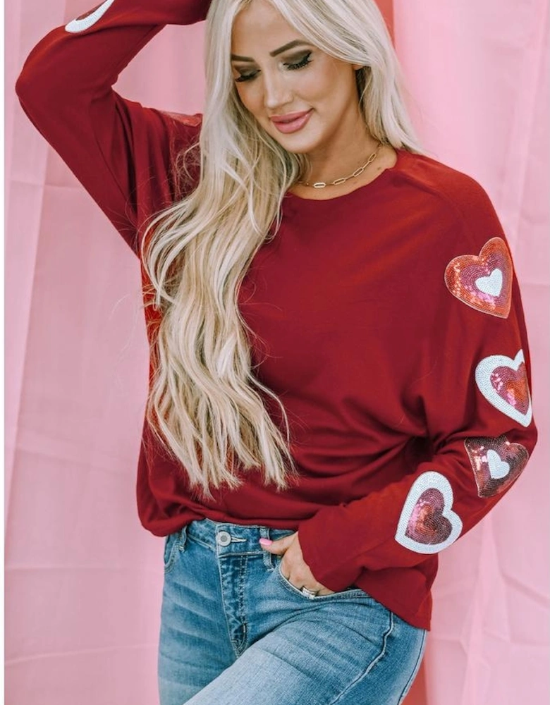 Red Sequined Heart Printed Sleeves Valentine Fashion Top