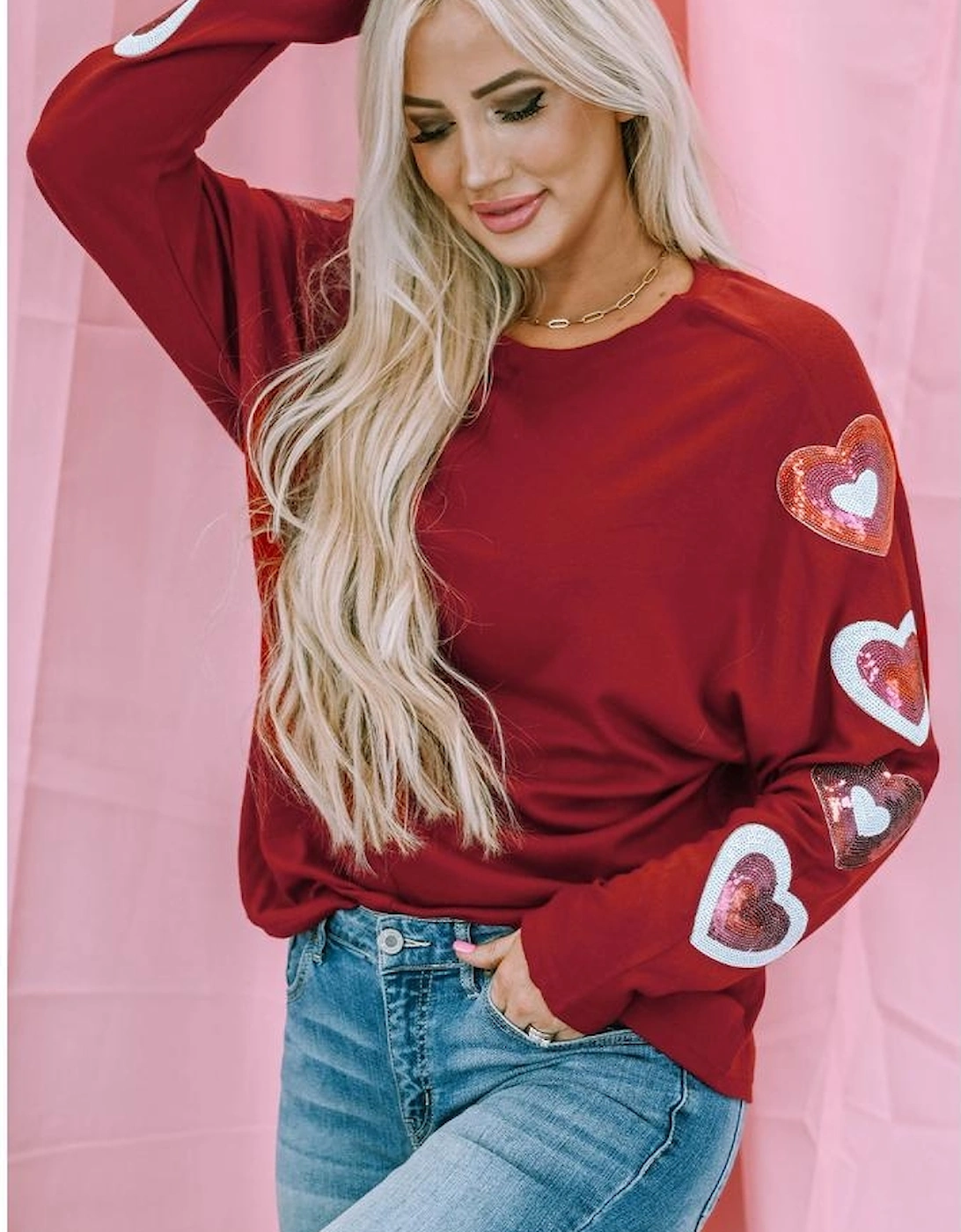 Red Sequined Heart Printed Sleeves Valentine Fashion Top