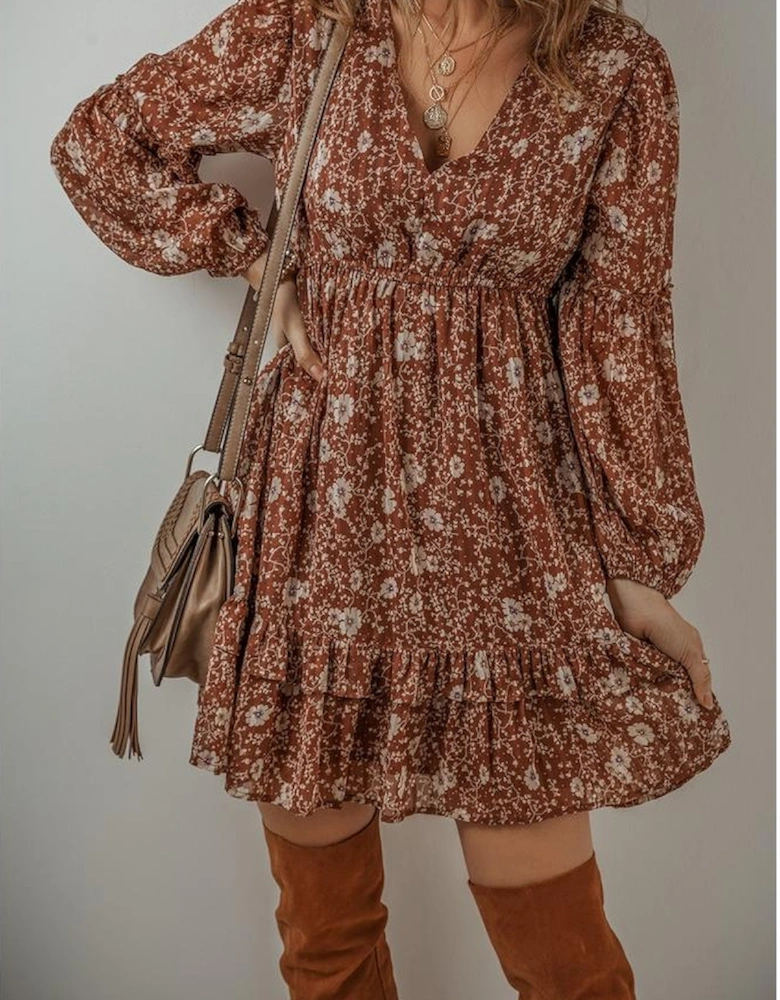 Brown Boho Floral Ruffled Puff Sleeve V Neck Mini Dress