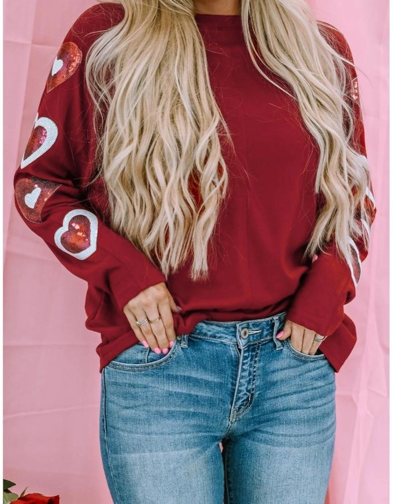 Red Sequined Heart Printed Sleeves Valentine Fashion Top