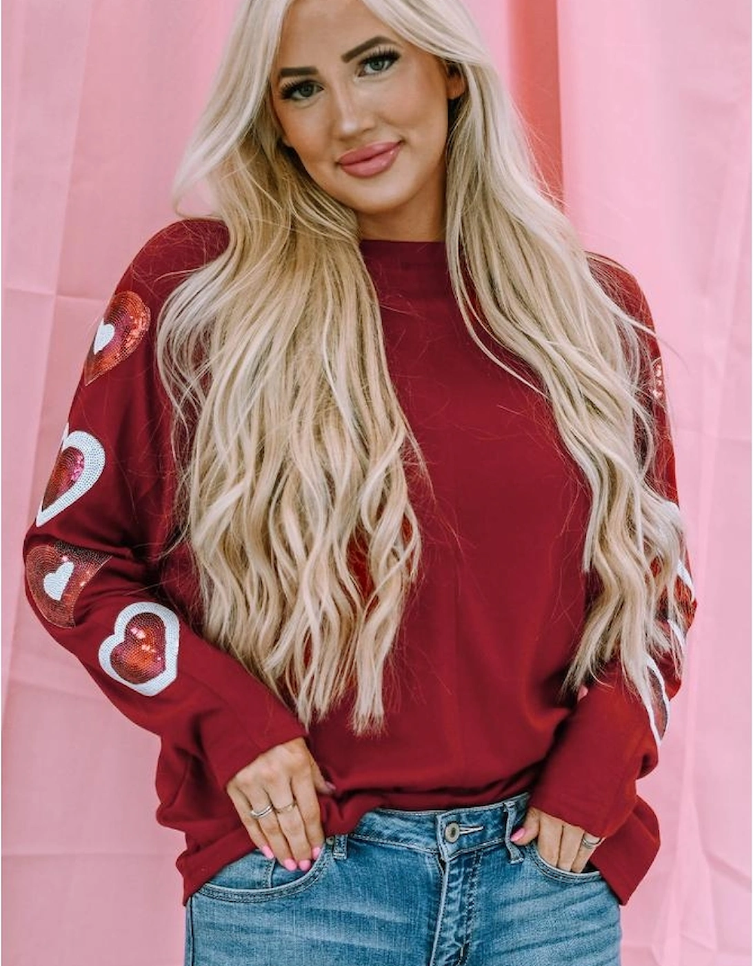 Red Sequined Heart Printed Sleeves Valentine Fashion Top, 10 of 9