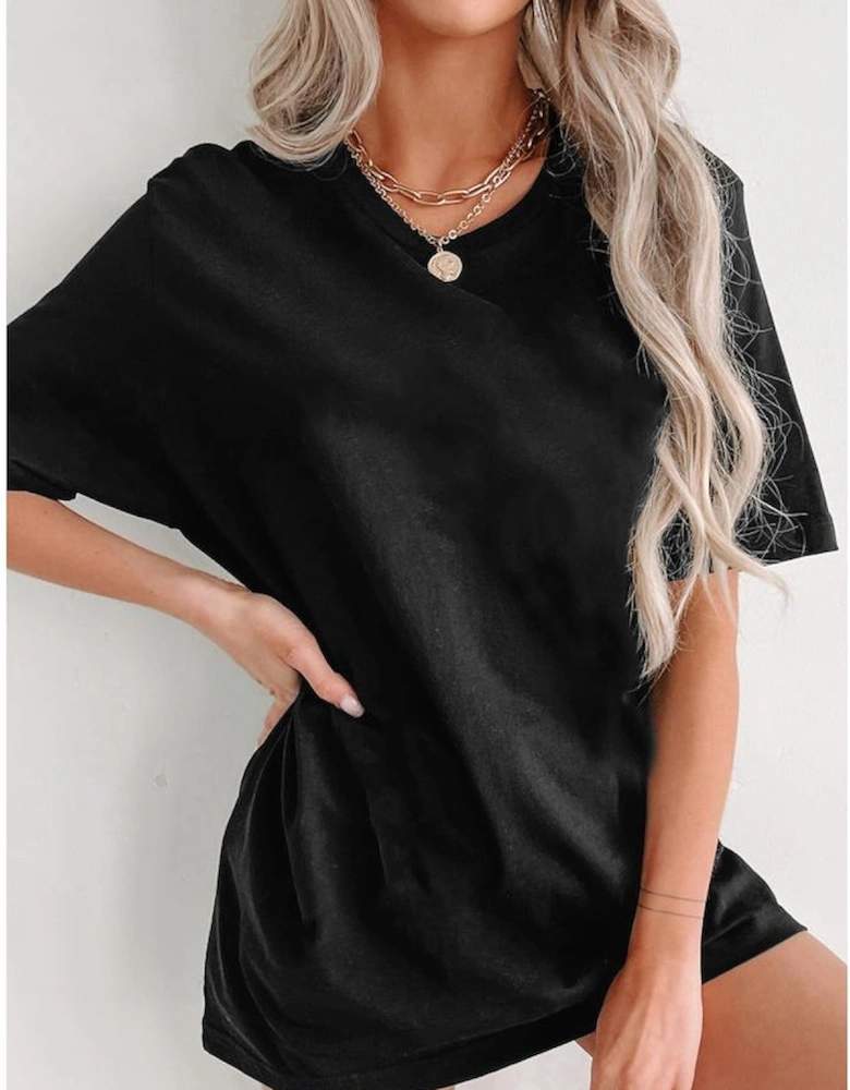 Black Solid Color Round Neck Basic Tunic T Shirt