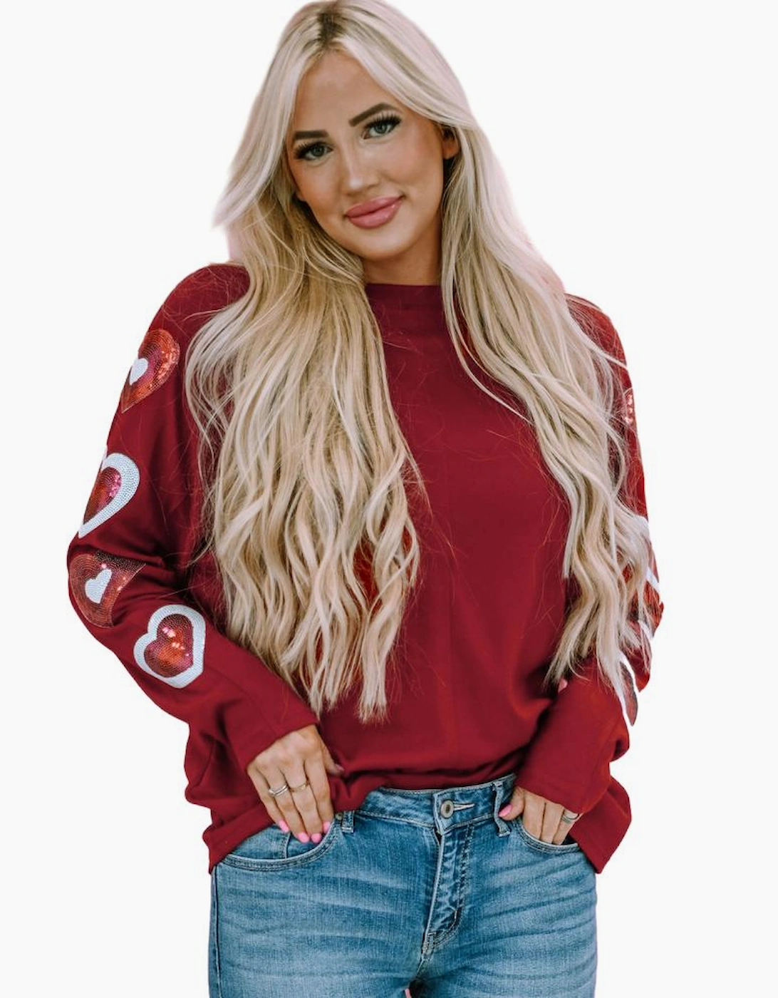 Red Sequined Heart Printed Sleeves Valentine Fashion Top