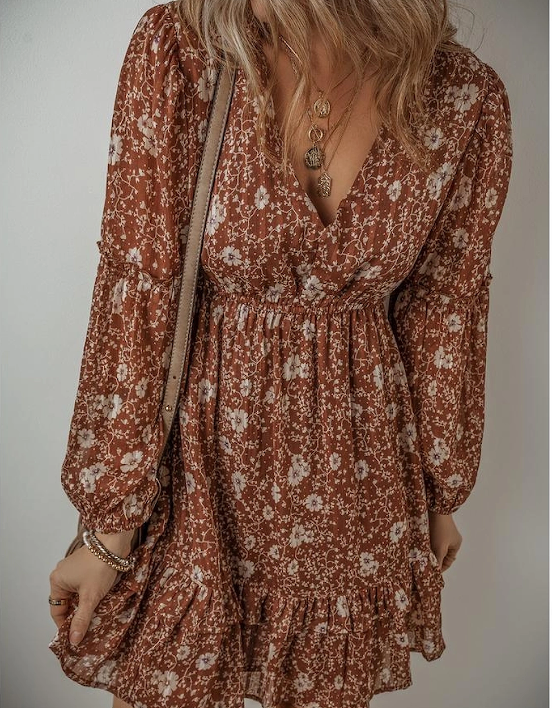 Brown Boho Floral Ruffled Puff Sleeve V Neck Mini Dress
