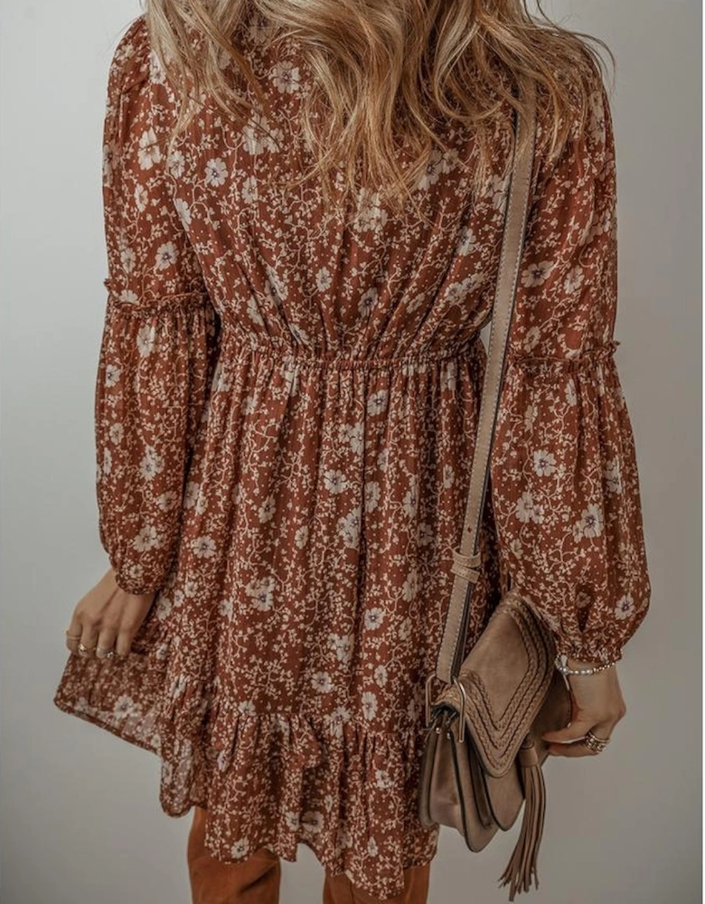 Brown Boho Floral Ruffled Puff Sleeve V Neck Mini Dress