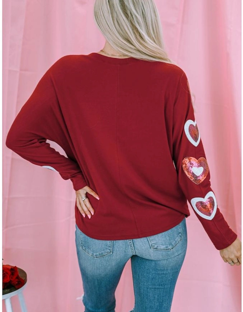 Red Sequined Heart Printed Sleeves Valentine Fashion Top