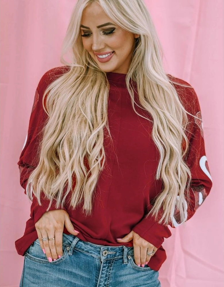 Red Sequined Heart Printed Sleeves Valentine Fashion Top