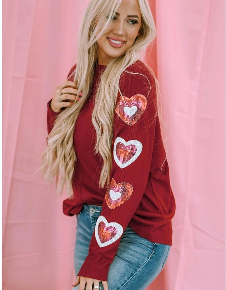 Red Sequined Heart Printed Sleeves Valentine Fashion Top