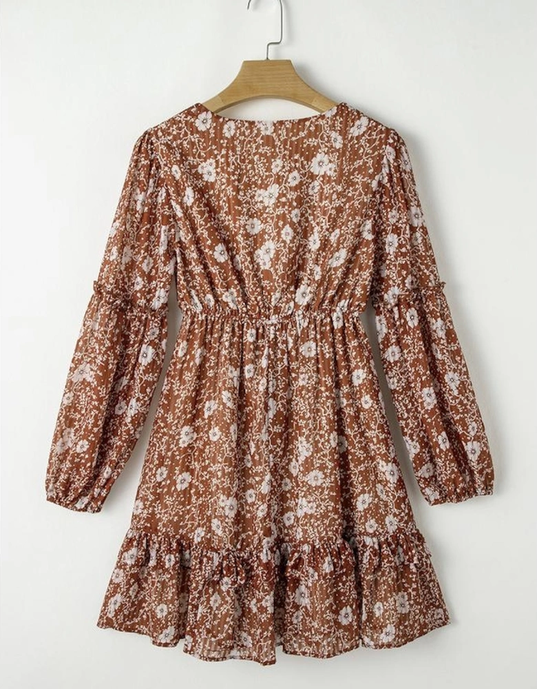 Brown Boho Floral Ruffled Puff Sleeve V Neck Mini Dress