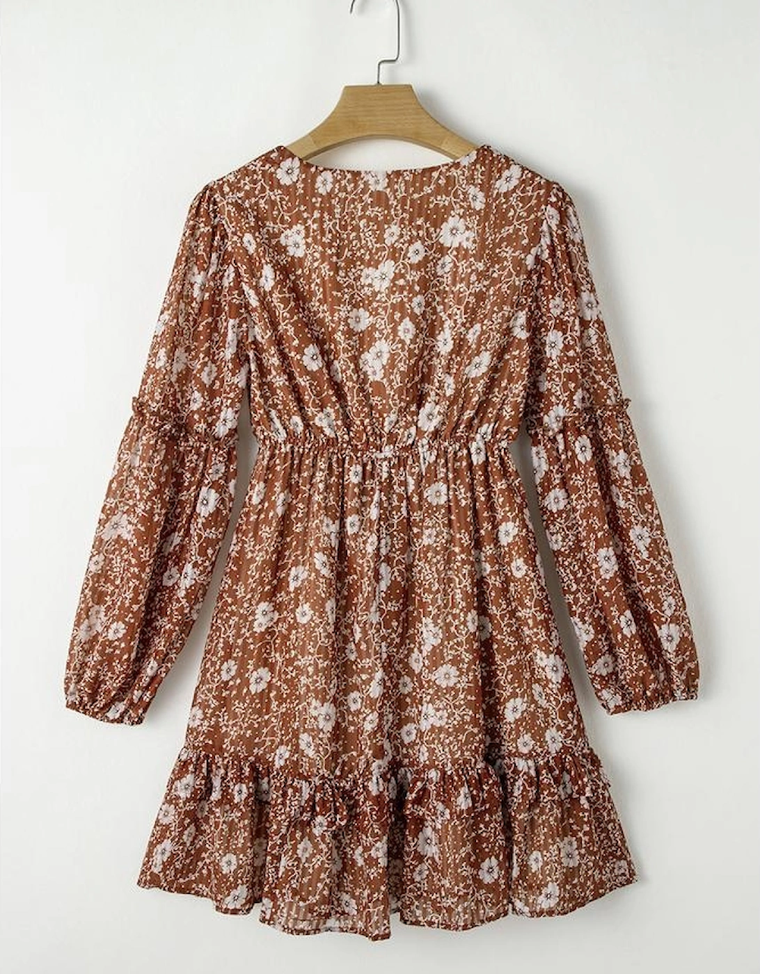 Brown Boho Floral Ruffled Puff Sleeve V Neck Mini Dress