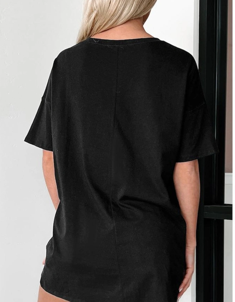 Black Solid Color Round Neck Basic Tunic T Shirt
