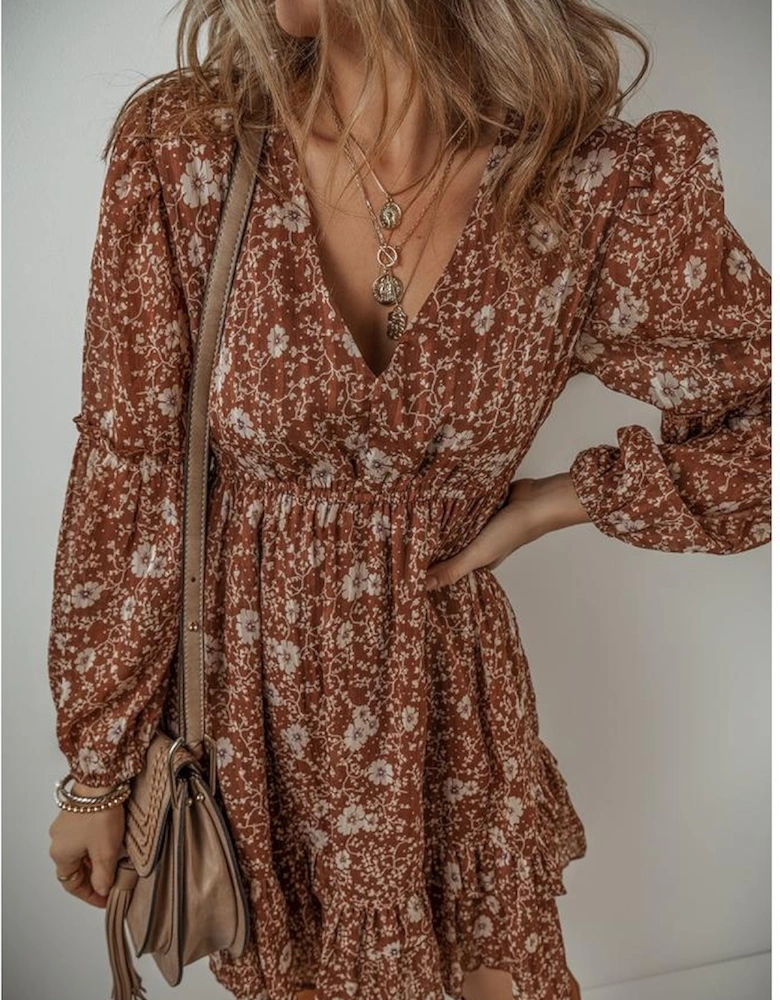 Brown Boho Floral Ruffled Puff Sleeve V Neck Mini Dress