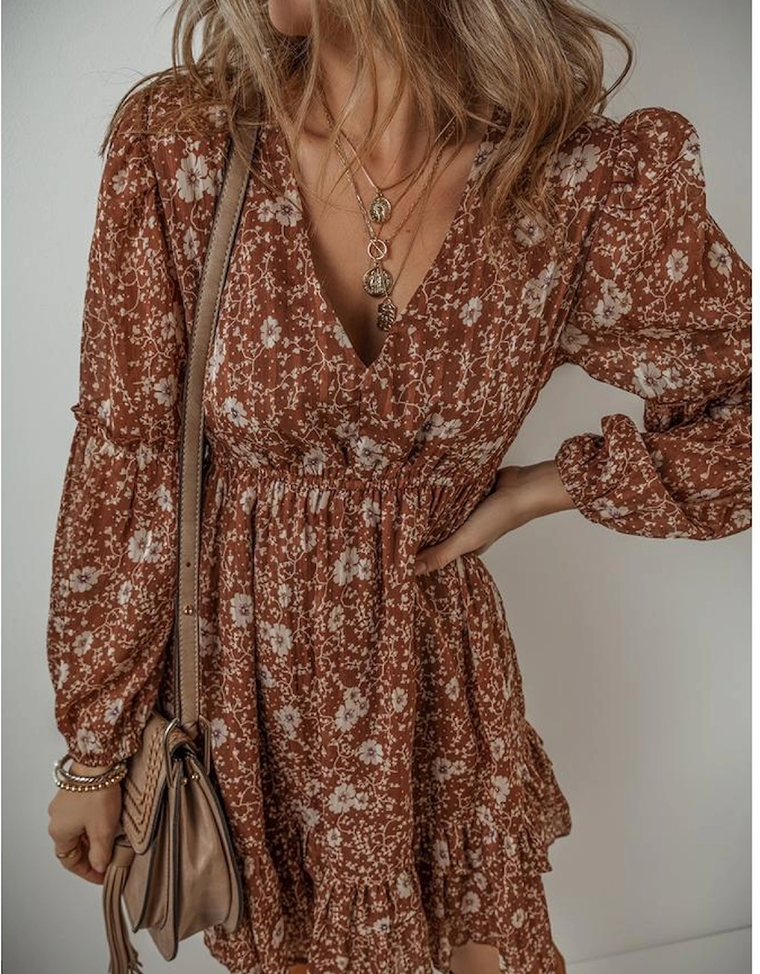 Brown Boho Floral Ruffled Puff Sleeve V Neck Mini Dress