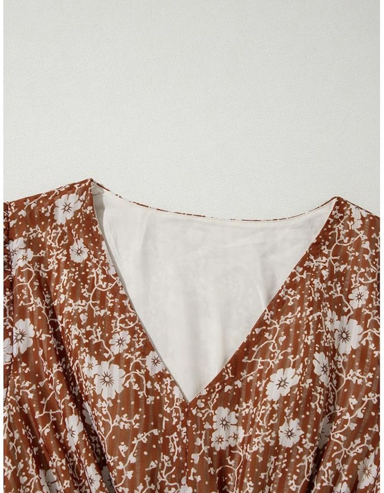 Brown Boho Floral Ruffled Puff Sleeve V Neck Mini Dress