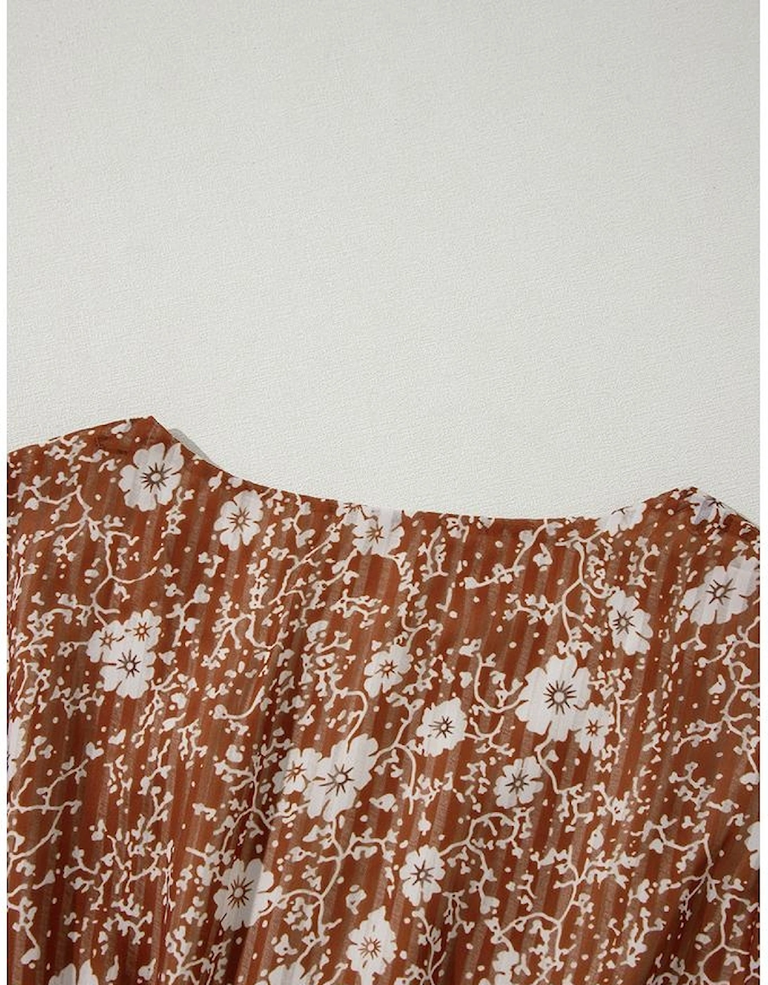 Brown Boho Floral Ruffled Puff Sleeve V Neck Mini Dress