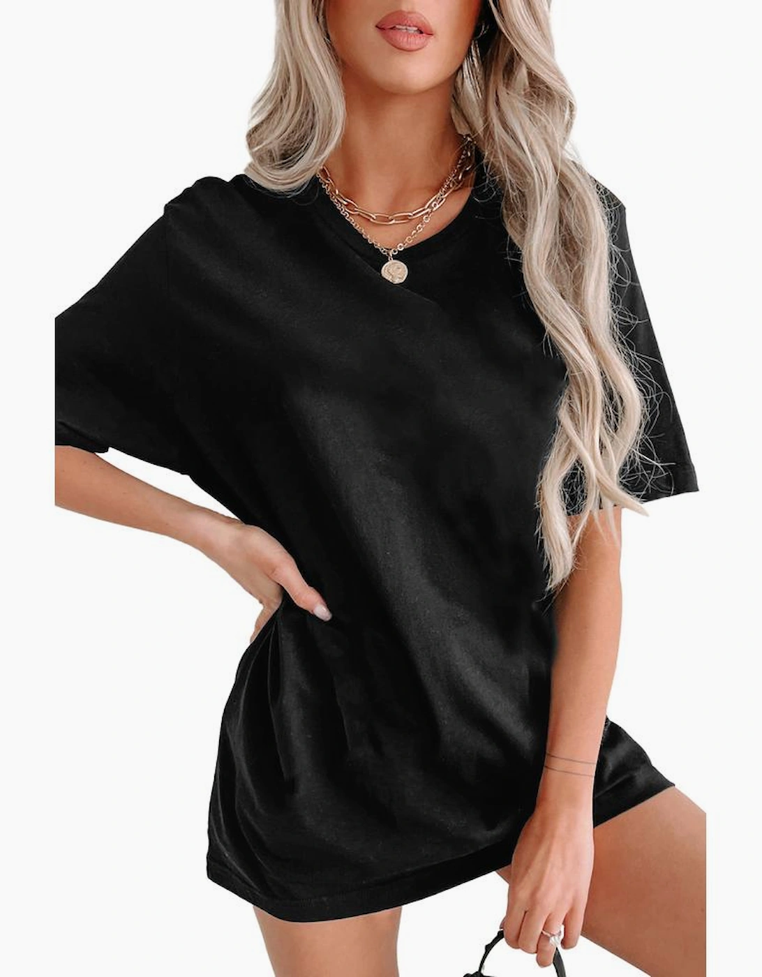 Black Solid Color Round Neck Basic Tunic T Shirt