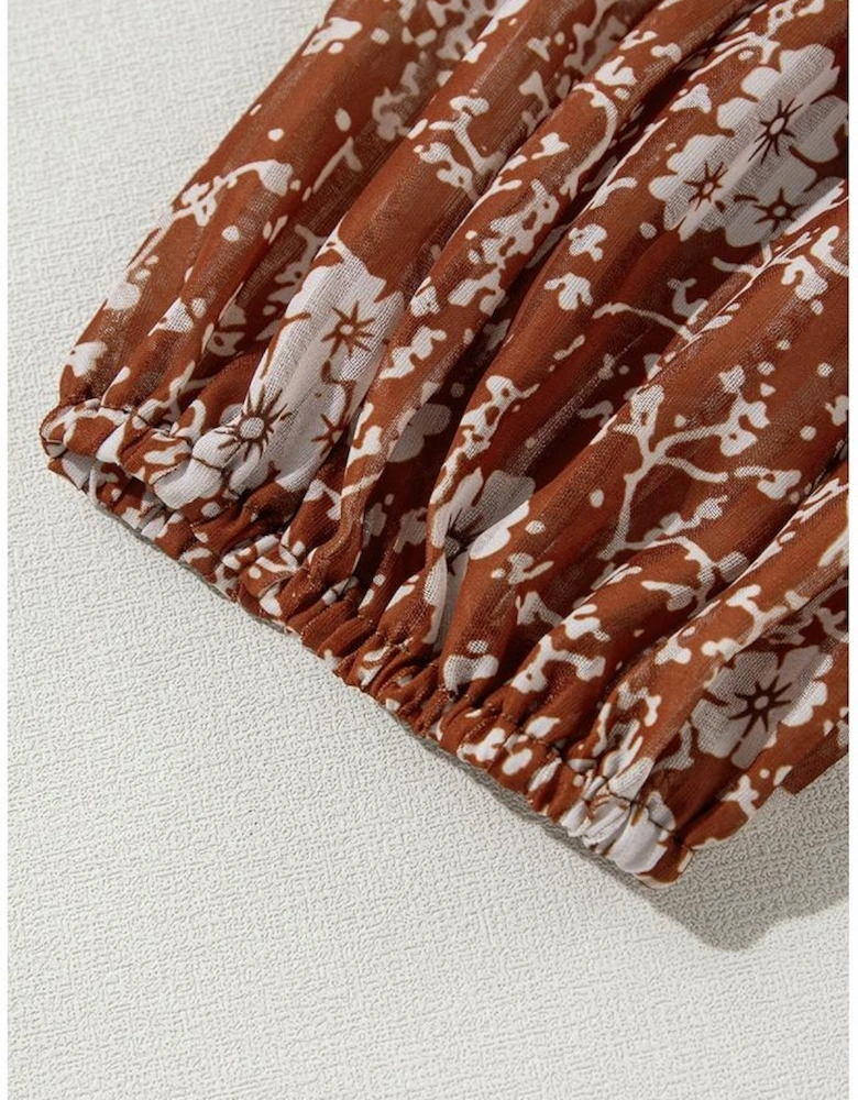 Brown Boho Floral Ruffled Puff Sleeve V Neck Mini Dress