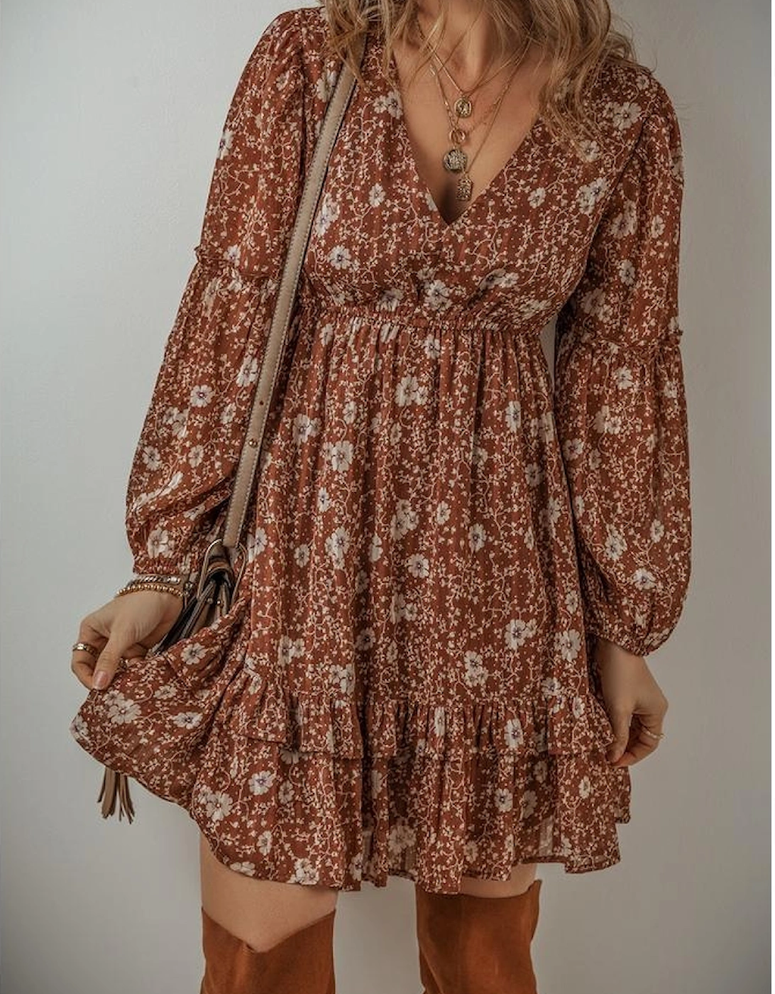 Brown Boho Floral Ruffled Puff Sleeve V Neck Mini Dress
