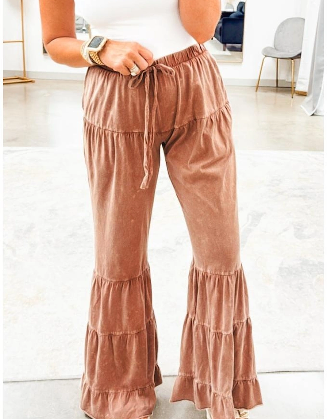 Straw Yellow Mineral Wash Lace-up High Waist Tiered Bell Bottom Pants, 9 of 8