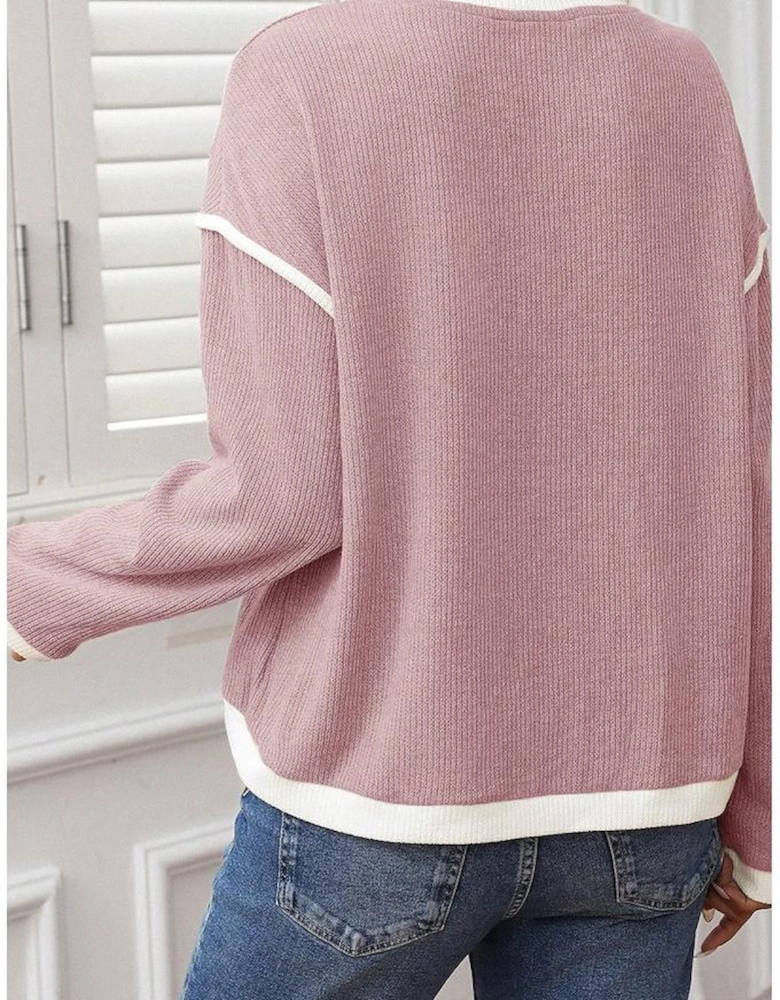Light Pink Contrast Trim Knitted Drop Shoulder Plus Size Top