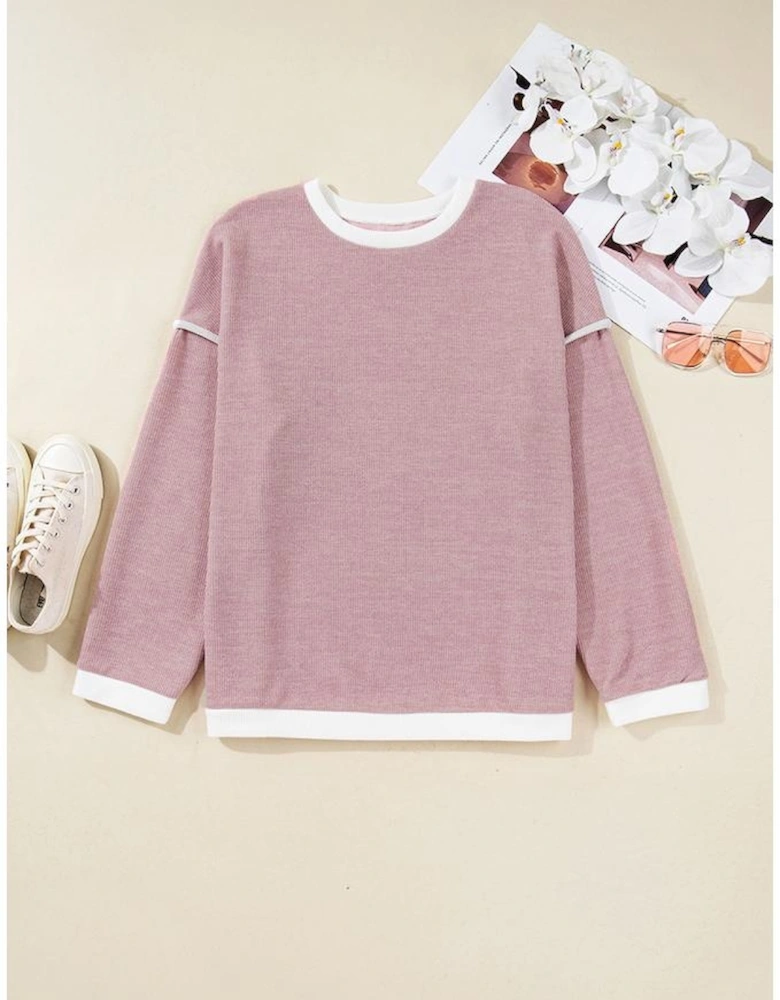 Light Pink Contrast Trim Knitted Drop Shoulder Plus Size Top