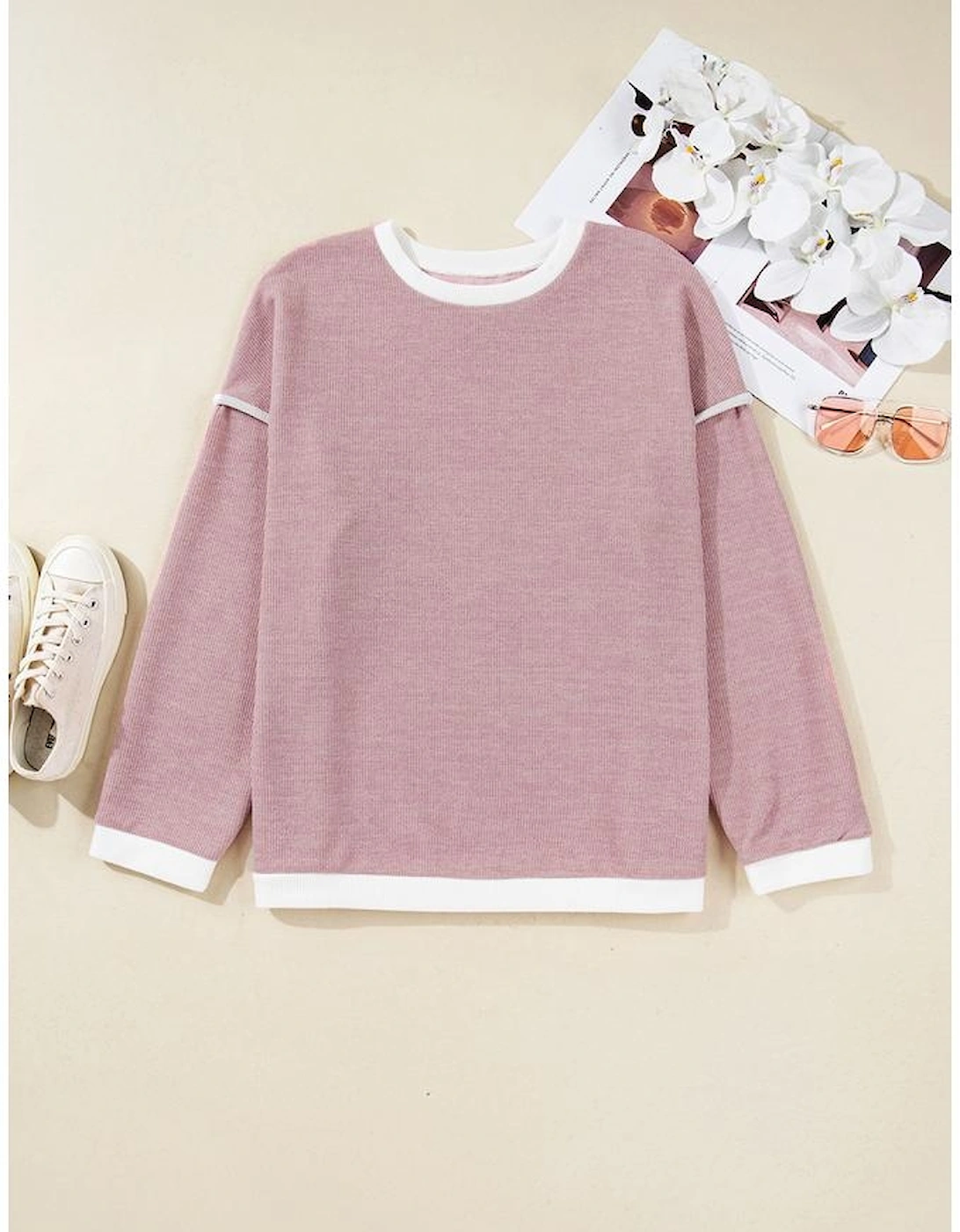 Light Pink Contrast Trim Knitted Drop Shoulder Plus Size Top