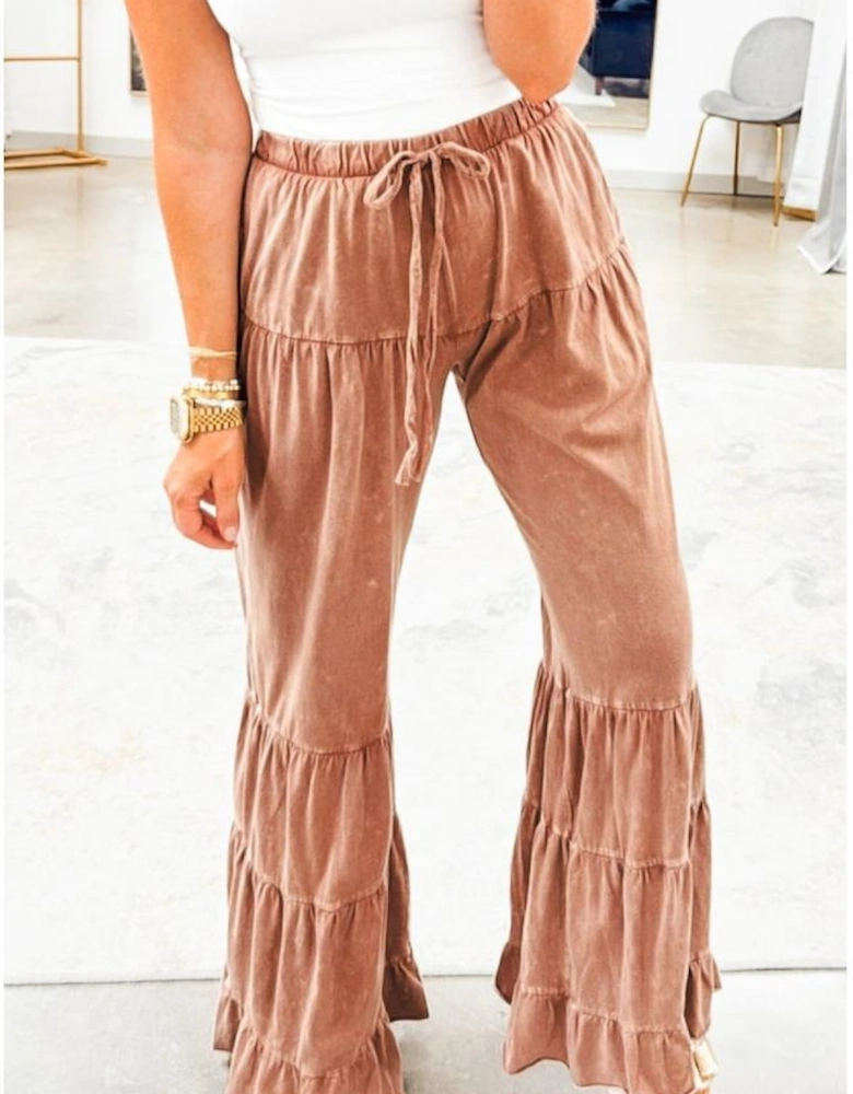 Straw Yellow Mineral Wash Lace-up High Waist Tiered Bell Bottom Pants