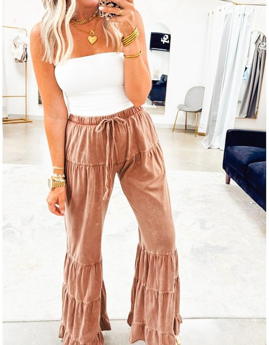 Straw Yellow Mineral Wash Lace-up High Waist Tiered Bell Bottom Pants