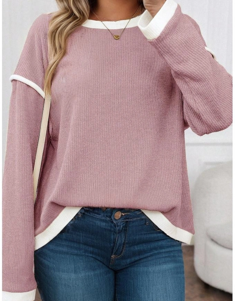 Light Pink Contrast Trim Knitted Drop Shoulder Plus Size Top