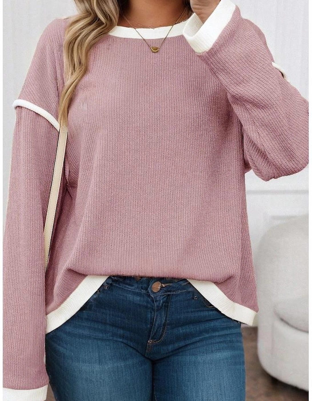 Light Pink Contrast Trim Knitted Drop Shoulder Plus Size Top