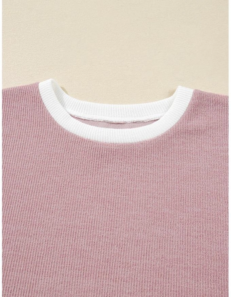 Light Pink Contrast Trim Knitted Drop Shoulder Plus Size Top
