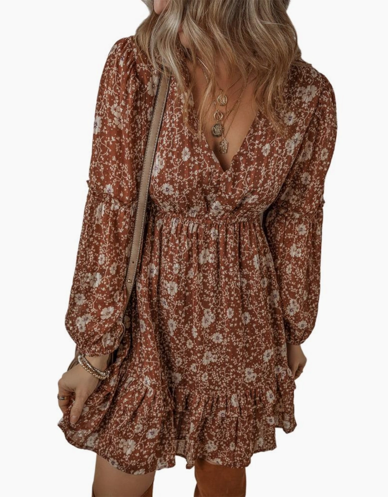 Brown Boho Floral Ruffled Puff Sleeve V Neck Mini Dress